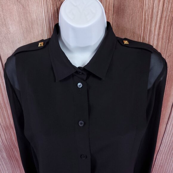 *READ* Gucci Black Sheer Blouse Shirt Studded Epaulets Long Sleeve Button Up - Picture 9 of 16